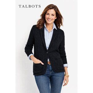 TALBOTS cardigan sweater jacket cable knit black MEDIUM cotton wool leather trim